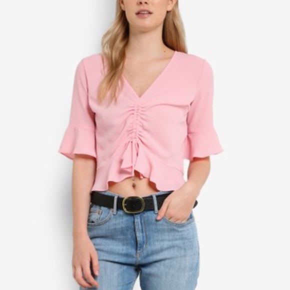 Topshop Tops - NWOT Topshop Pink V neck Ruched Top Blouse 2 XS